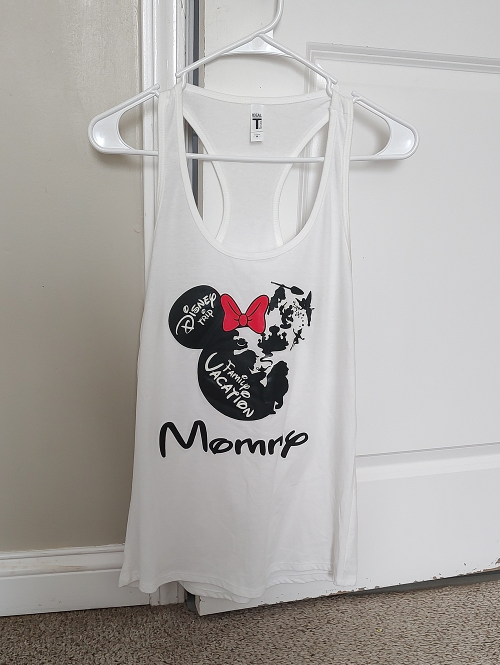 Disney White Tank Top with Black Minnie Silhouette and Red Bow
